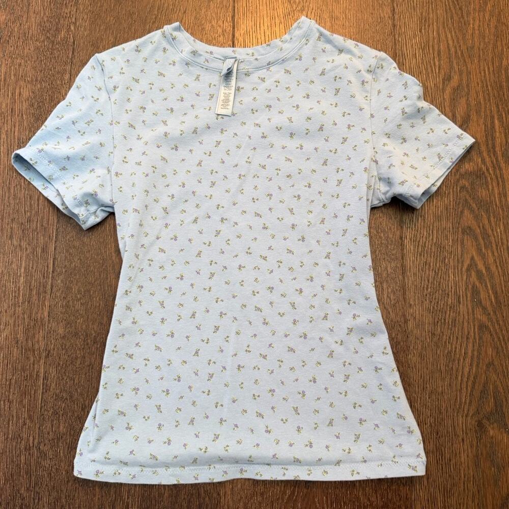 Skims Floral Cotton Baby T Shirt Blue Sz S